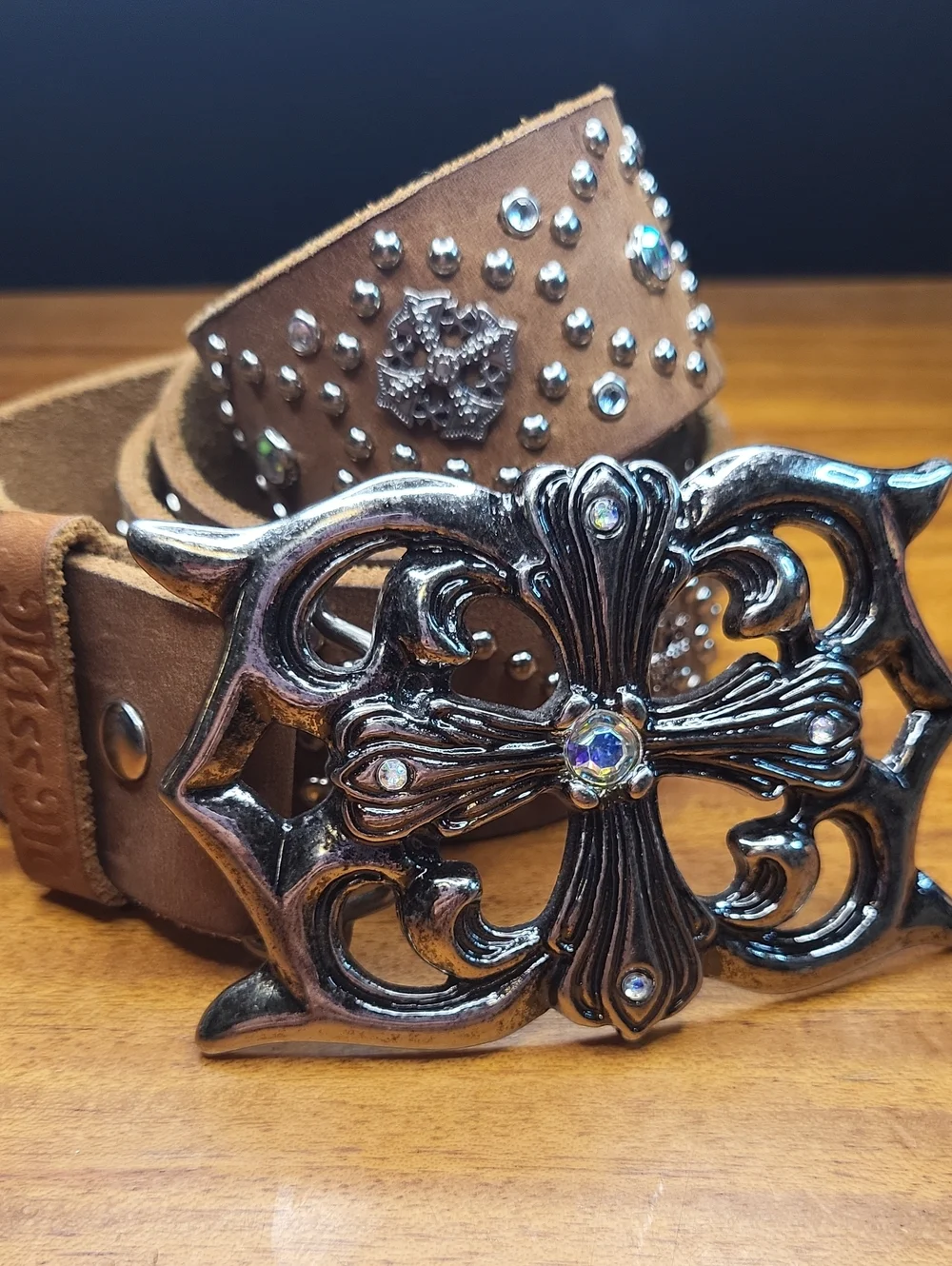 Miss Me Brown Leather Studded Belt with Ornate Silver-Tone Buckle